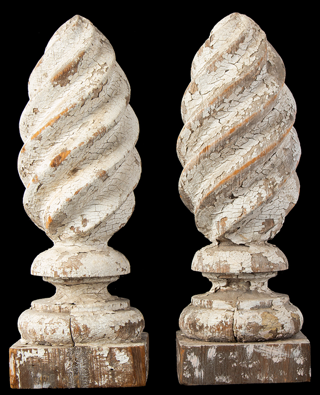 Architectural Stylized Turned Spiral Form Flame Finials in Old White Paint, entire view