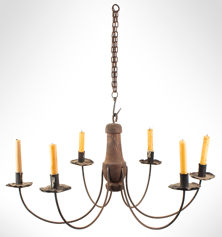 Chandelier, Turned Wood Hub, Six Branches Facilitating Tab Joined Sockets, entire view
