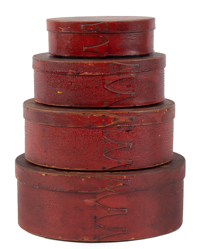 Shaker Bentwood Oval Spice Boxes, Four Pantry Boxes, Old Red Paint, Image 1
