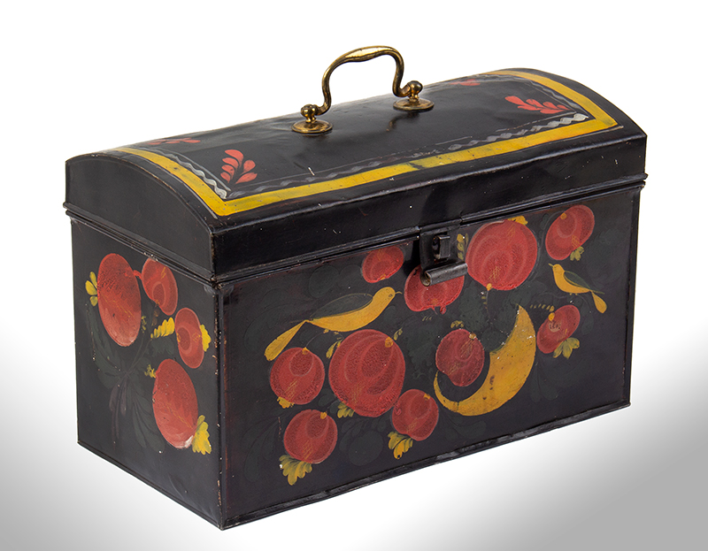 Large Paint Decorated American Painted Tin Trunk, Tole Folk Art, 13-Inches Berlin, Connecticut. Francis Type Decoration Featuring Birds, entire view 2