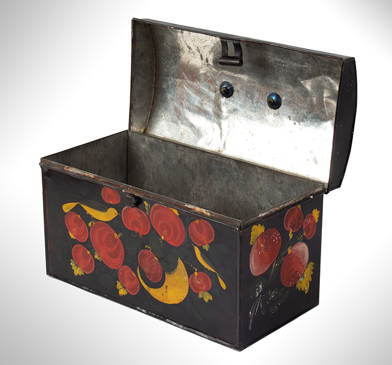 Large Paint Decorated American Painted Tin Trunk, Tole Folk Art, 13-Inches Berlin, Connecticut. Francis Type Decoration Featuring Birds, entire view 6