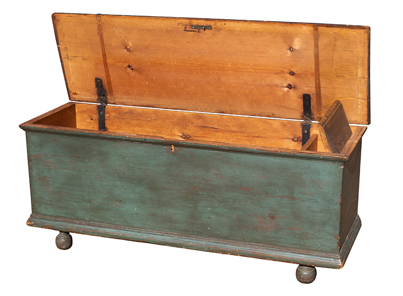 Blanket Chest on Ball Feet, Original Surface History, Blue paint, Mid-Atlantic, entire view 3