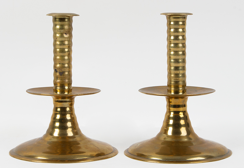 Rare Pair of Early Trumpet Base Brass Candlesticks, England, entire view 1