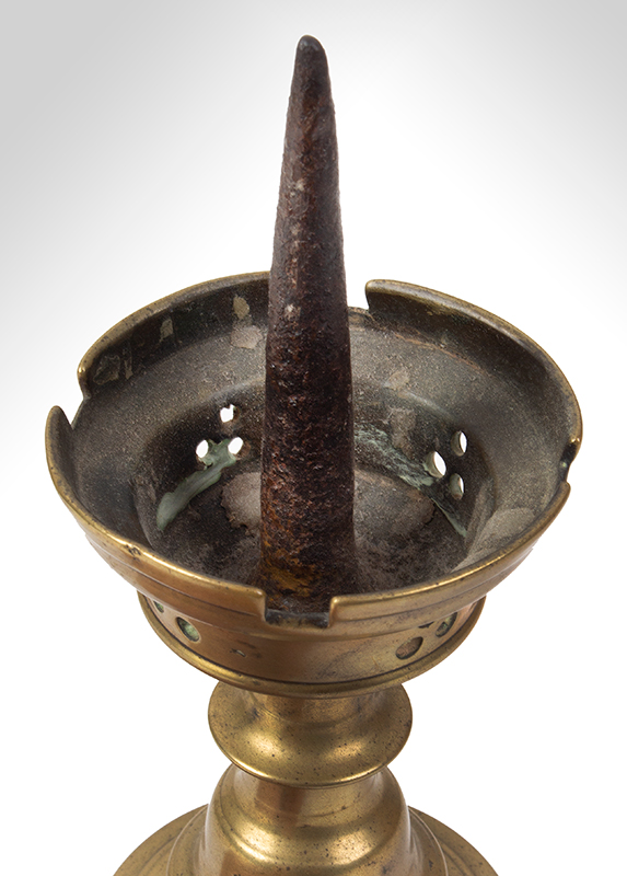 15th Century Dutch Pricket Candlestick, Robust & Successful Castellated Form, detail view
