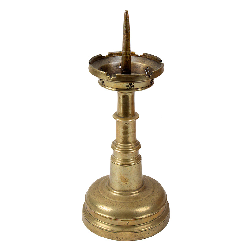 15th or Early 15th Century, Large Castellated Candlestick, Dutch or German, entire view 2