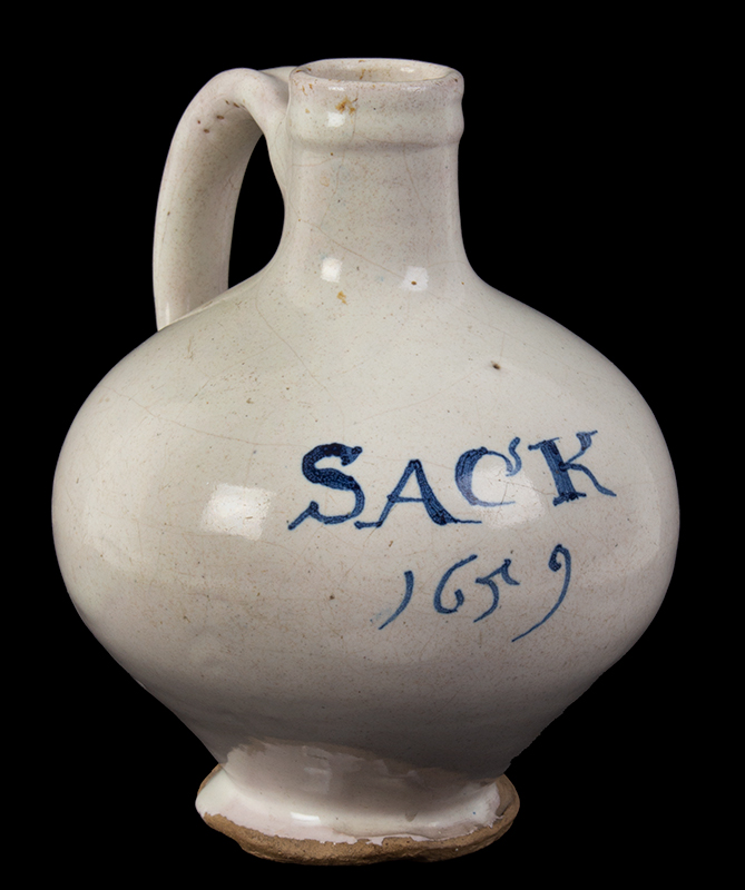 Delft Sack Bottle, A Gutsy Bulbous Form in Fine Original Condition, 1659 London…inscribed in blue, entire view 1