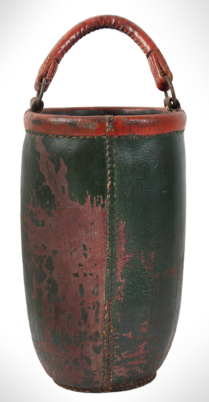 American Paint Decorated Leather Fire Bucket, L. HASKELL / NO 1 Original Bittersweet, Yellow and, Oyster-White Against Green Paint, entire view 2