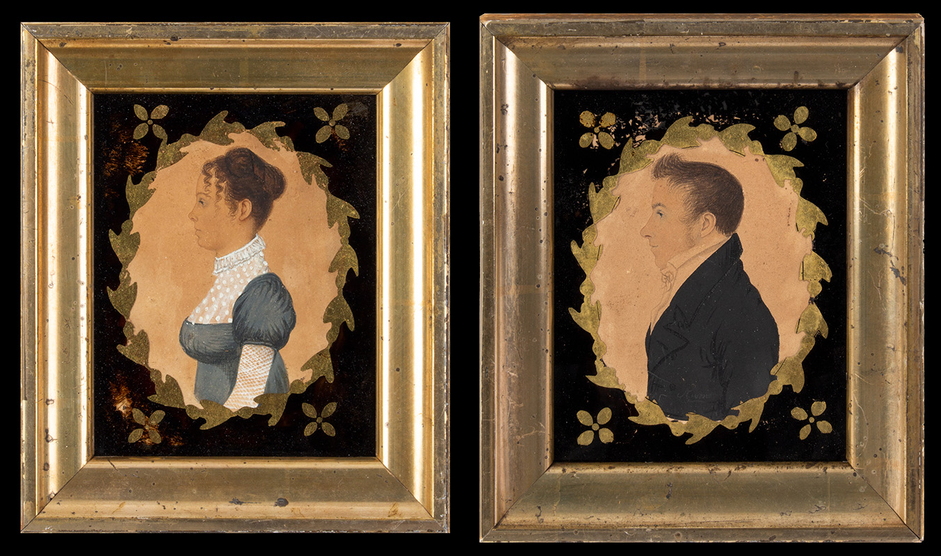 Folk Art, Pair of Portrait Miniatures in Profile, Man & Woman, New England, 1815-1820, Image 1