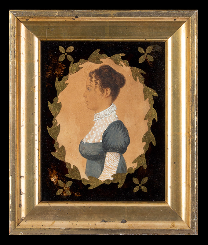 Rufus Porter (1792-1884), Pair of Portrait Miniatures in Profile, Man & Woman (Connecticut/Massachusetts), entire view woman