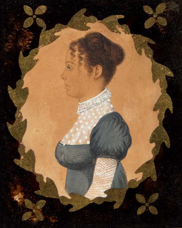 Rufus Porter (1792-1884), Pair of Portrait Miniatures in Profile, Man & Woman (Connecticut/Massachusetts), entire view woman sans frame