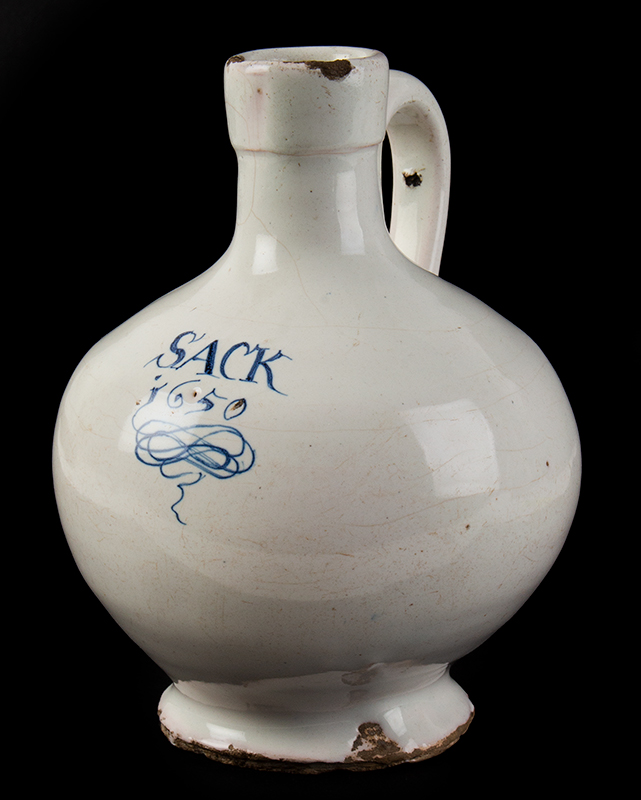 Delft Sack Bottle, A Gutsy Bulbous Form in Fine Original Condition, 1650 London…inscribed in blue, entire view 1
