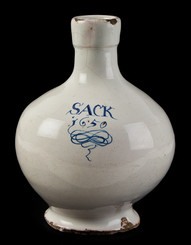 Delft Sack Bottle, A Gutsy Bulbous Form in Fine Original Condition, 1650 London…inscribed in blue, entire view 4