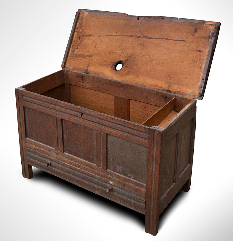 Joined Chest with Drawer, Pilgrim Century, Historic Surface, Massachusetts Probably Dedham or Medfield, entire view 4