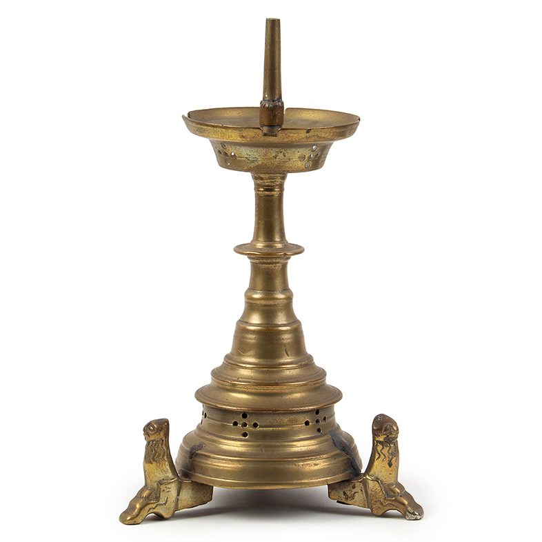 Gothic Pricket Candlestick, Crenellated Drip Pan, Lion-form Feet Northwest Europe, Probably German or Flemish Origin, entire view