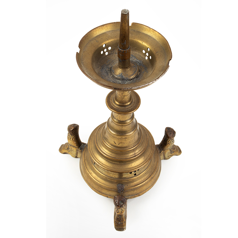 Gothic Pricket Candlestick, Crenellated Drip Pan, Lion-form Feet Northwest Europe, Probably German or Flemish Origin, entire view 3