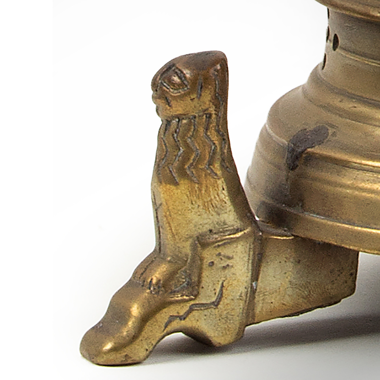 Gothic Pricket Candlestick, Crenellated Drip Pan, Lion-form Feet Northwest Europe, Probably German or Flemish Origin, detail view 1
