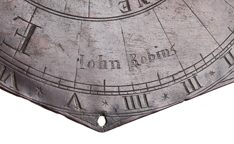 A Rare Sundial Inscribed John Robins, Dated 1619, Made by Early Clockmaker, detail view 1