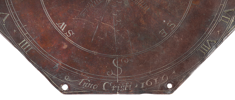 A Rare Sundial Inscribed John Robins, Dated 1619, Made by Early Clockmaker, detail view 3
