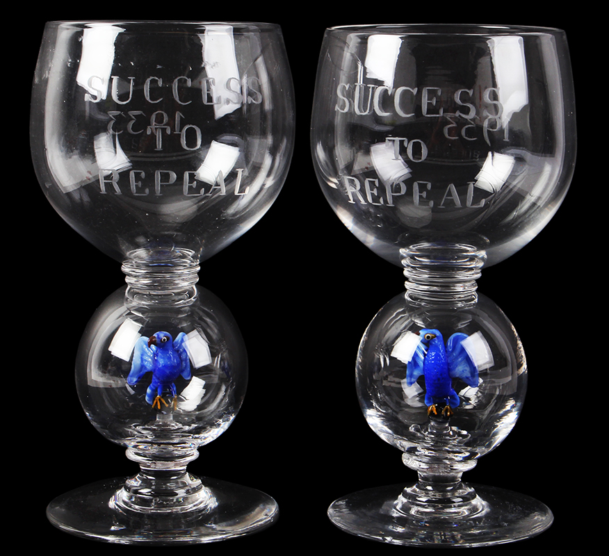 Prohibition, pair of SUCCESS to REPEAL Goblets Containing Eagle, Dated 1933 Signed: REPEAL GLASS – VERNAY – MADE IN ENGLAND The 18th Amendment, Prohibition, repealed by passage of 21st Amendment, 1933, entire view 1