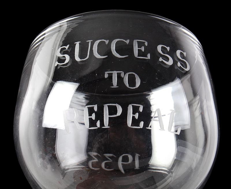 Prohibition, pair of SUCCESS to REPEAL Goblets Containing Eagle, Dated 1933 Signed: REPEAL GLASS – VERNAY – MADE IN ENGLAND The 18th Amendment, Prohibition, repealed by passage of 21st Amendment, 1933, detail view 2