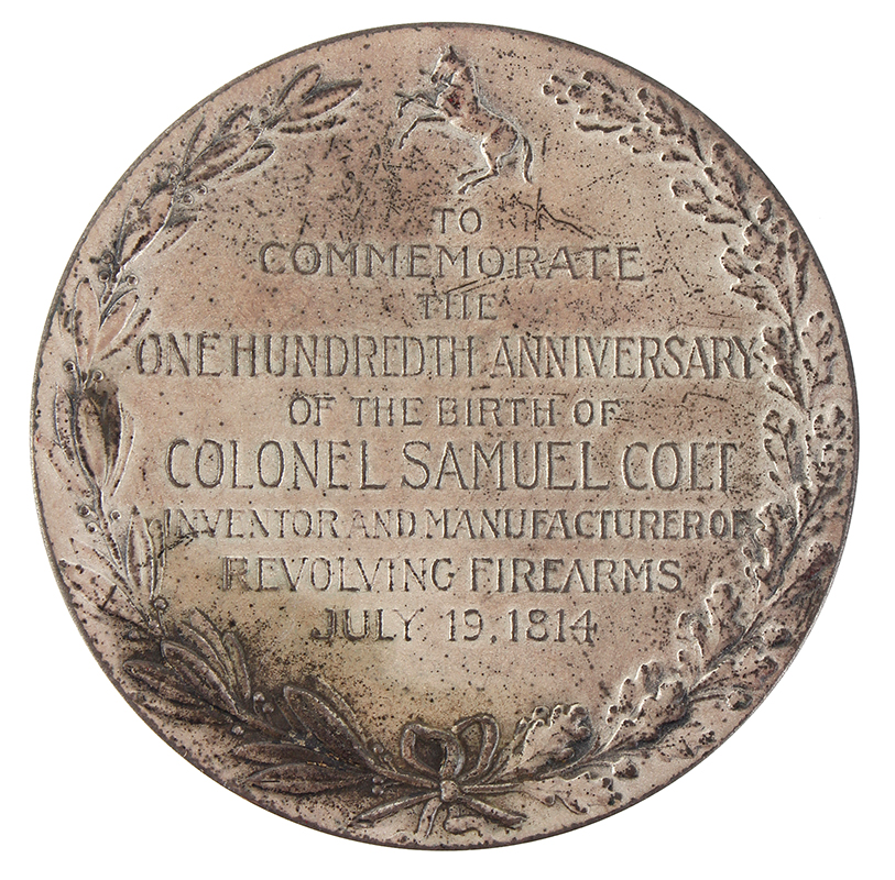 Colonel Samuel Colt Centennial of Birth Medal, Silver, 1814 – 1914, Rare Original Case RARE in Silver, Original Case is rarer Than the Medal, Minted by Whitehead and Hoag to Commemorate Colt’s Birth, side 2