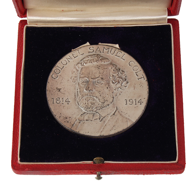 Colonel Samuel Colt Centennial of Birth Medal, Silver, 1814 – 1914, Rare Original Case RARE in Silver, Original Case is rarer Than the Medal, Minted by Whitehead and Hoag to Commemorate Colt’s Birth, in case view