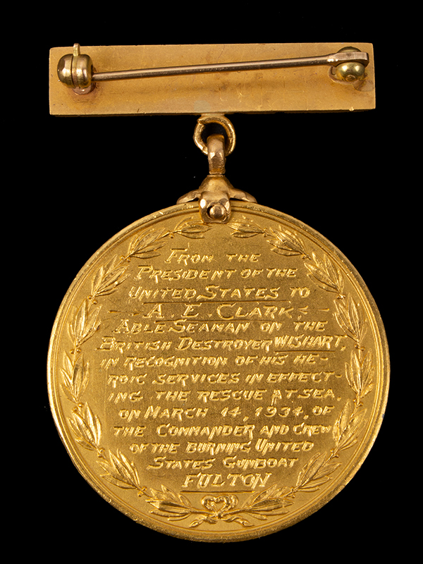 Historic Julian LS-3 State Department Life Saving Medal, GOLD, Extremely Fine By George T. Morgan, From U.S. President To A.E. Clark, Rescue of US Gunboat, entire view 2