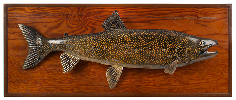 Carved and Painted Lake Trout by Lawrence Irvine, Winthrop, Maine, Signed Signed on Reverse by Maine’s Master Carver Lawrence Irvine (1918-1998), entire view