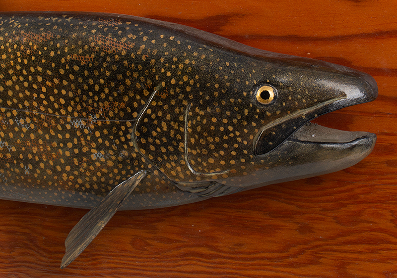 Carved and Painted Lake Trout by Lawrence Irvine, Winthrop, Maine, Signed Signed on Reverse by Maine’s Master Carver Lawrence Irvine (1918-1998), detail view 1