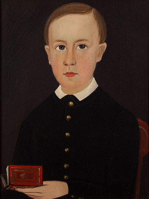 Folk Art Portrait, Boy Holding Red Book, Attributed to Sturtevant Hamblin Sturtevant Hamblin (1817-1884) Prior Hamblin School, Active 1837-1856, entire view sans frame
