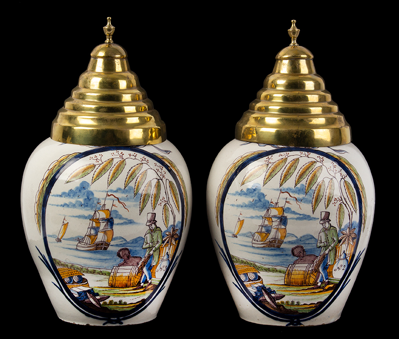 Pair, Dutch Delft Polychrome Tobacco Jars with Covers, Image 1