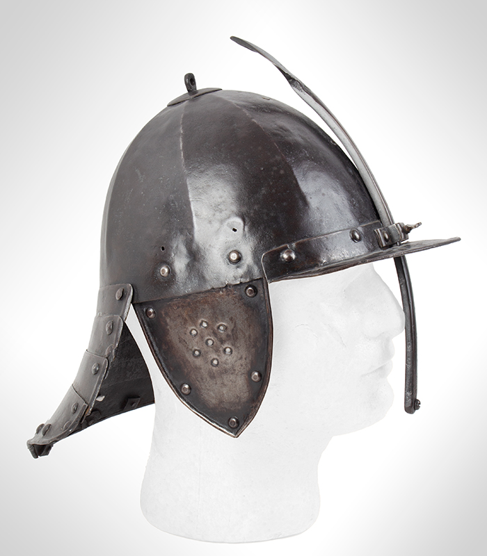 17th Century Helmet, Burgonet, Steel, Lobster Tail, Earflaps, Visor & Face Strip, entire view 1