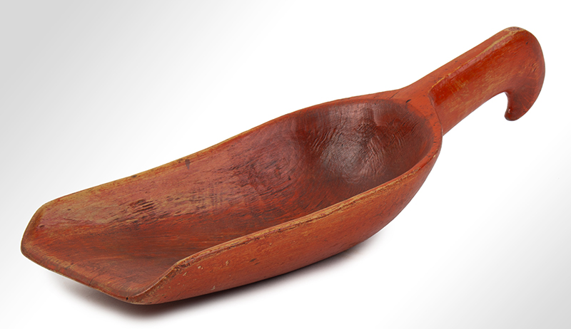 Carved Wood Grain or Apple Butter Scoop in Bittersweet Paint, Hook Handle Nearly identical scoops have been attributed to Shaker communities…, entire view 1