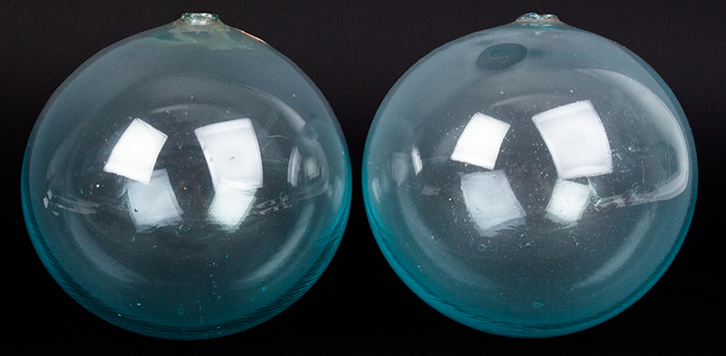 Blown Glass Fishing Floats, Pair Found in Gloucester Many Years Ago, entire view 1