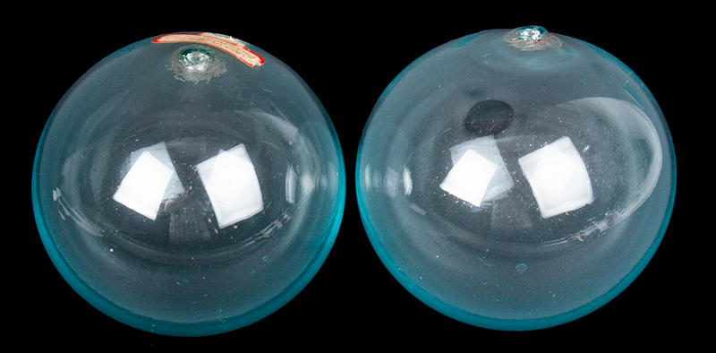 Blown Glass Fishing Floats, Pair Found in Gloucester Many Years Ago, entire view 2