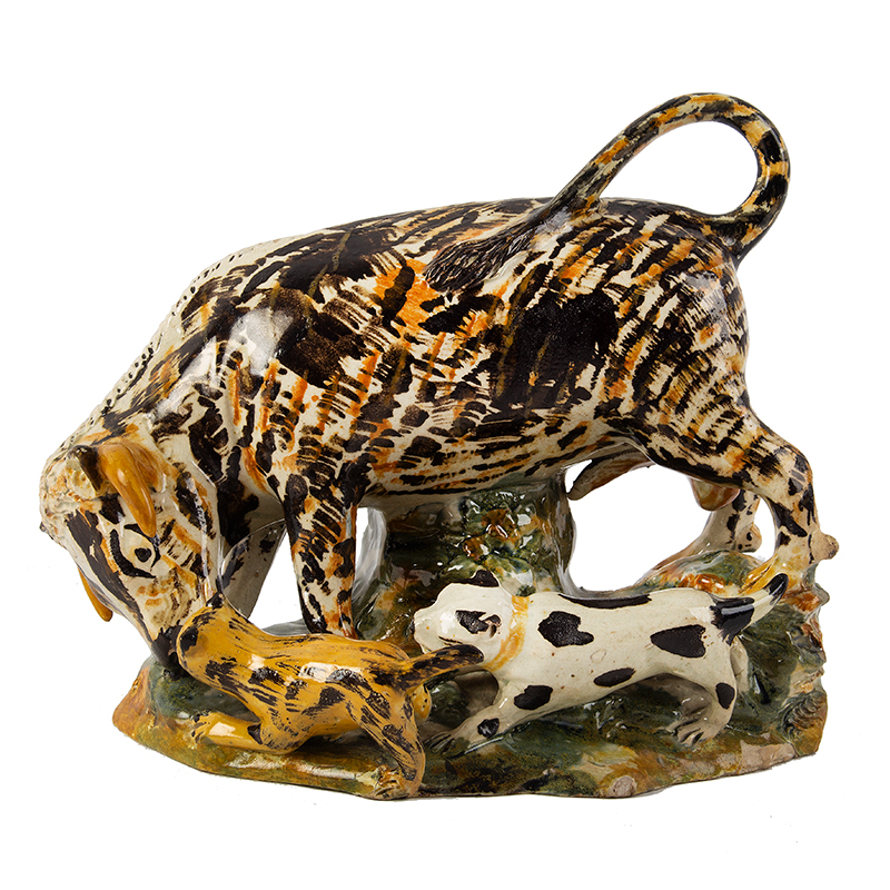 Staffordshire, Bull Baiting Figurine, The Bull and Two Dogs in Confrontation, Image 1