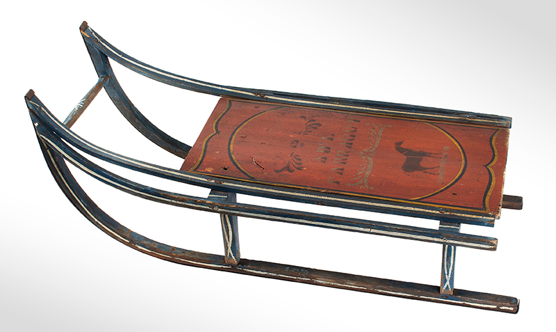 Antique Sled, Original Paint, Decorated with Horse, AD’ L FARRAGUT American, possibly Maine, entire view