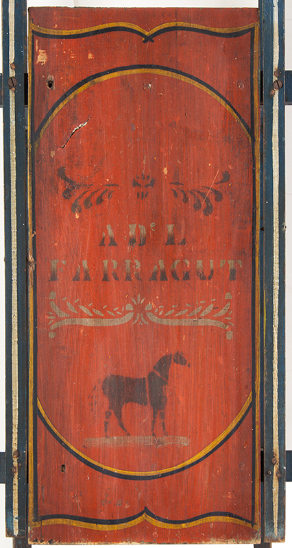 Antique Sled, Original Paint, Decorated with Horse, AD’ L FARRAGUT American, possibly Maine, detail view 1