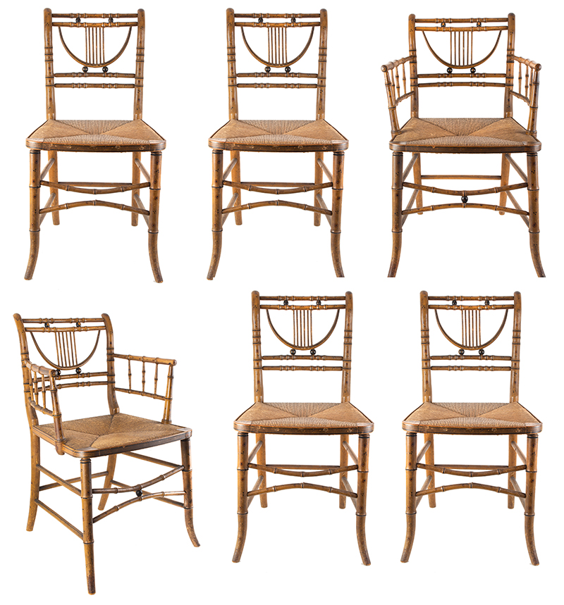Pair Armchairs, Six Side Chairs. Sheraton Fancy Bamboo Turned Chairs, Painted, Anonymous, very stylish, most unusual…faux bamboo, set view