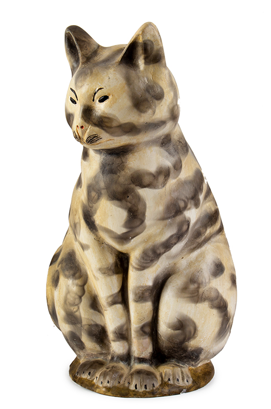 Chalkware Seated Cat, Painted and Smoke Decorated, Large Size, 15.5-Inches, entire view 2
