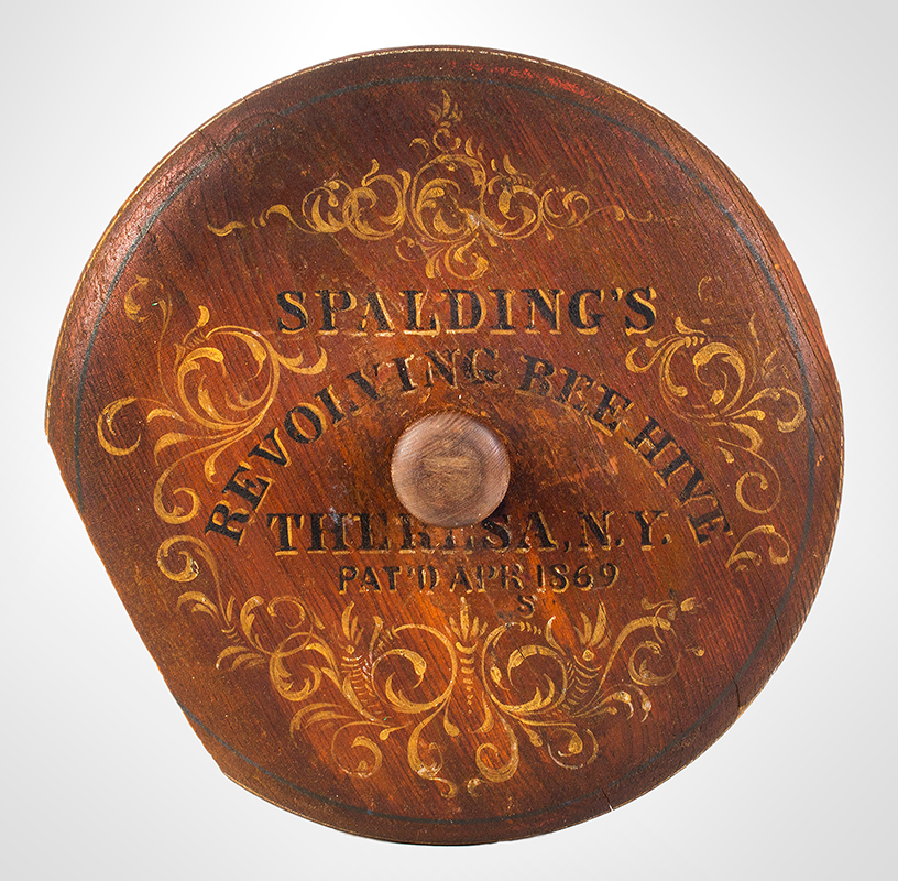 Spaulding’s Revolving Beehive, Painted Decoration, Cheese-box Design THERESA, NEW YORK / PAT’D APR. 1869, lid view