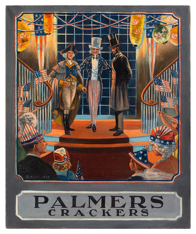 Illustration, Palmers Crackers, Uncle Sam, George Washington, Abe Lincoln Signed lower left: Paul Spener Johst, 1925, entire view