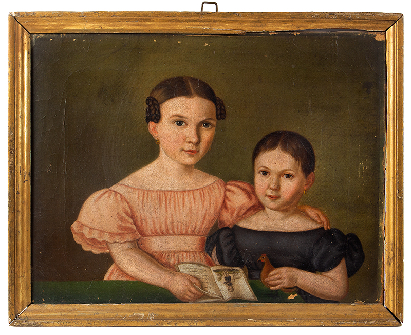 Folk Art Double Portrait, Siblings, Girl Holding Book Showing Child, and Lamb, Sister with Rooster Toy, entire view