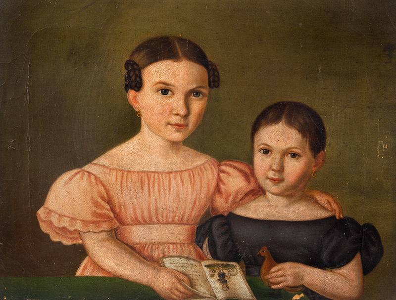 Folk Art Double Portrait, Siblings, Girl Holding Book Showing Child, and Lamb, Sister with Rooster Toy, entire view sans frame