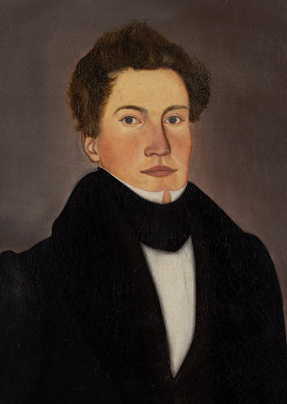 Folk Art Portrait, Handsome Young Gentleman, American School New England, entire view sans frame