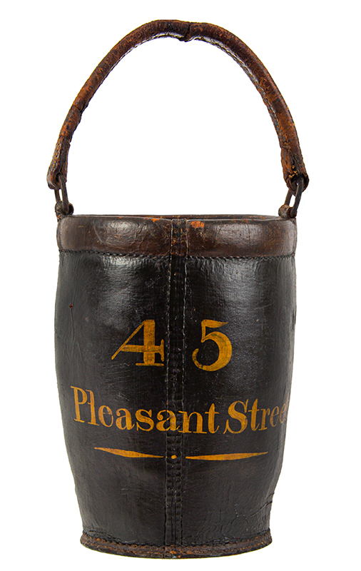 Leather Fire Bucket, Humane Fire Society, Portsmouth, New Hampshire, Paint Decorated
          Nathaniel A. Haven’s Bucket, he Joined the Humane Fire Society January 6, 1814
          Probably the Only Extant Bucket Displaying Owner’s Address: 45 Pleasant Street