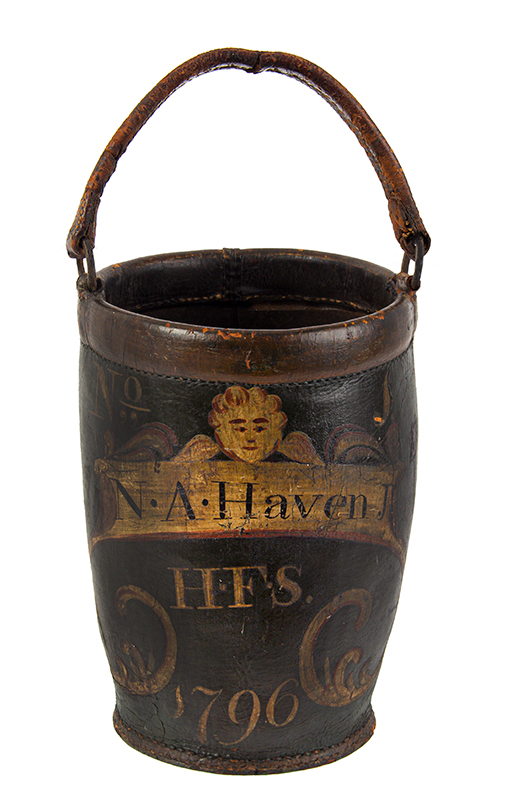 Leather Fire Bucket, Humane Fire Society, Portsmouth, New Hampshire, Paint Decorated
          Nathaniel A. Haven’s Bucket, he Joined the Humane Fire Society January 6, 1814
          Probably the Only Extant Bucket Displaying Owner’s Address: 45 Pleasant Street