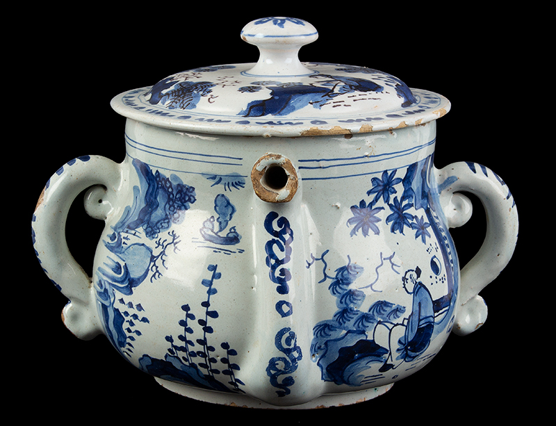 Delft Posset Pot and Cover, Blue and White, Chinoiserie Decorated, entire view
