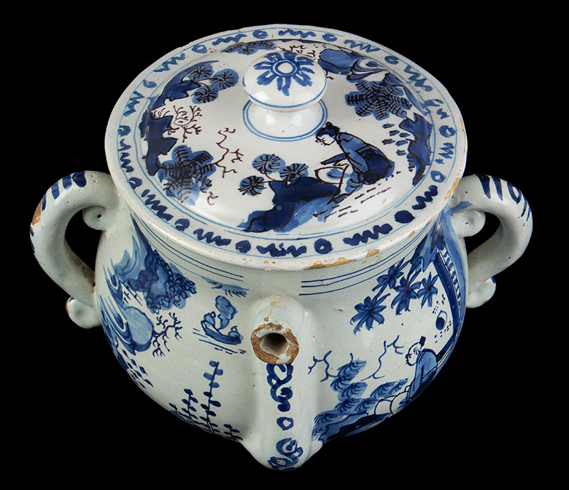 Delft Posset Pot and Cover, Blue and White, Chinoiserie Decorated, entire view 2