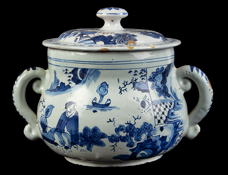 Delft Posset Pot and Cover, Blue and White, Chinoiserie Decorated, entire view 3